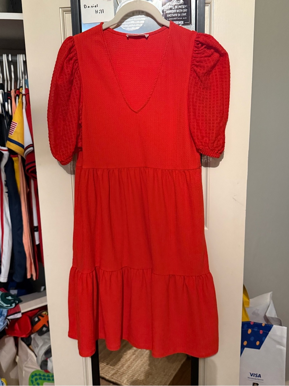 Mango Red Puff-Sleeve Tiered Dress